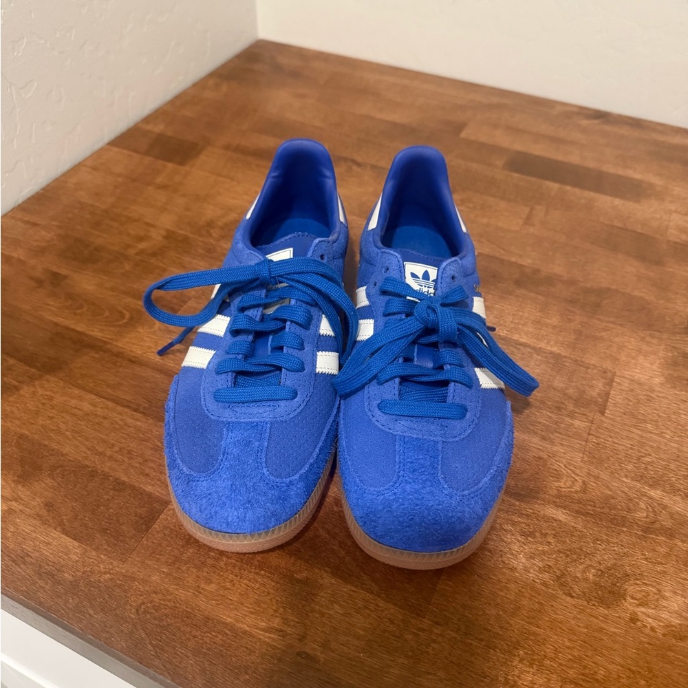 adidas Royal Blue Suede Sneakers with White Stripes (mens 6.5/women 8)